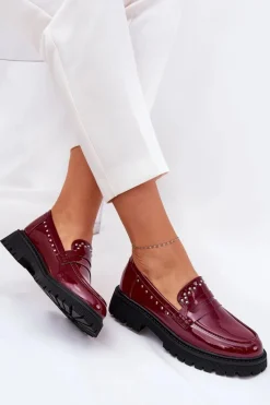New Boto Mokasyny Damskie Lakierowane Ze Zdobieniem Bordowe Nallae Czerwony
