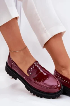 New Boto Mokasyny Damskie Lakierowane Ze Zdobieniem Bordowe Nallae Czerwony