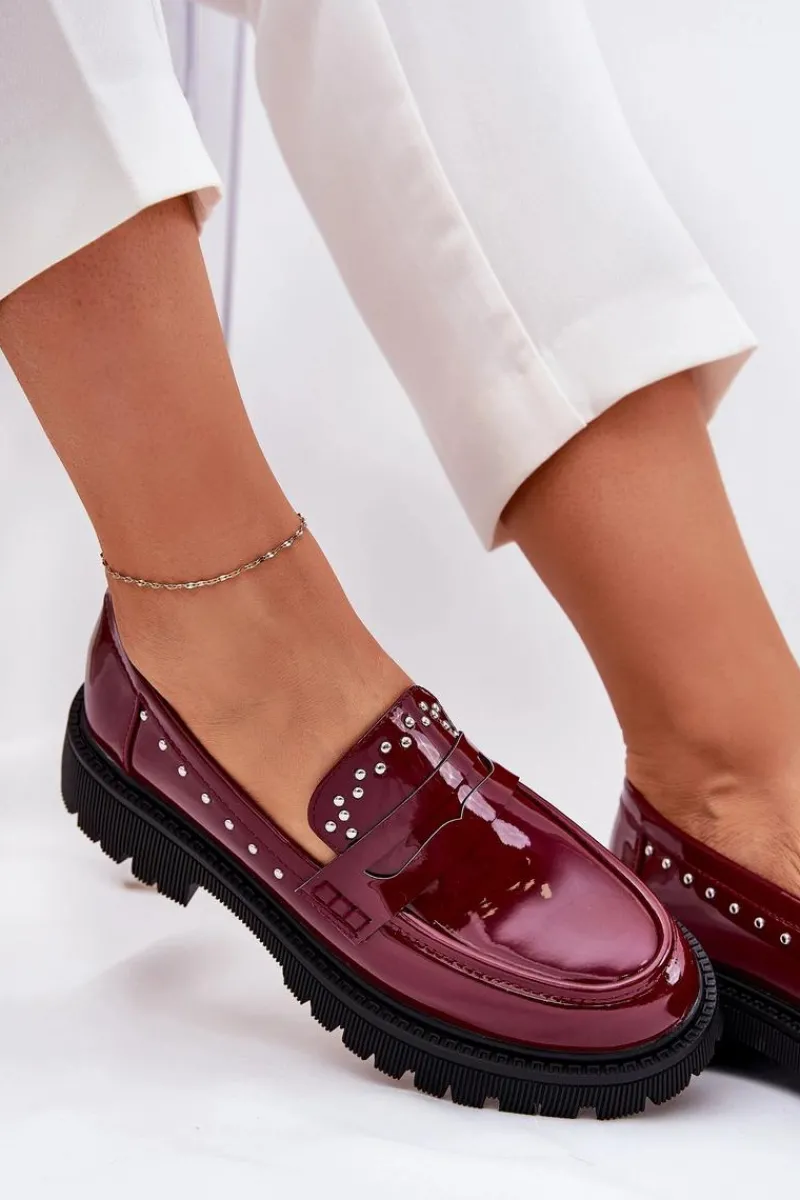 New Boto Mokasyny Damskie Lakierowane Ze Zdobieniem Bordowe Nallae Czerwony