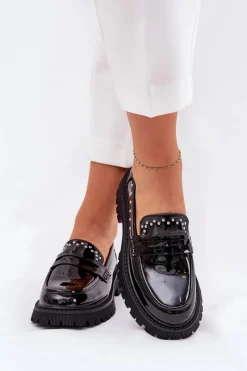 Loafersy Damskie|Mokasyny Płaskie></noscript>Boto Mokasyny Damskie Lakierowane Ze Zdobieniem Czarne Nallae Czarny