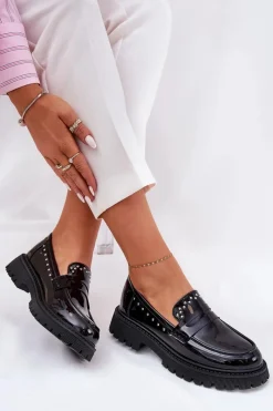 Loafersy Damskie|Mokasyny Płaskie></noscript>Boto Mokasyny Damskie Lakierowane Ze Zdobieniem Czarne Nallae Czarny