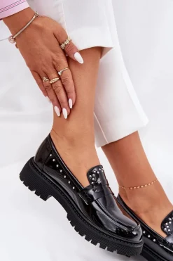 Loafersy Damskie|Mokasyny Płaskie></noscript>Boto Mokasyny Damskie Lakierowane Ze Zdobieniem Czarne Nallae Czarny