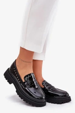 Loafersy Damskie|Mokasyny Płaskie></noscript>Boto Mokasyny Damskie Lakierowane Ze Zdobieniem Czarne Nallae Czarny