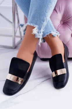 Online Boto Mokasyny Damskie Lu Boo Czarne Licowe Z Blaszką Harlem