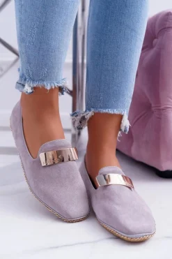 Clearance Mokasyny Damskie Lu Boo Szare Złoty Łańcuch Panama Damskie Mokasyny Damskie Zamszowe