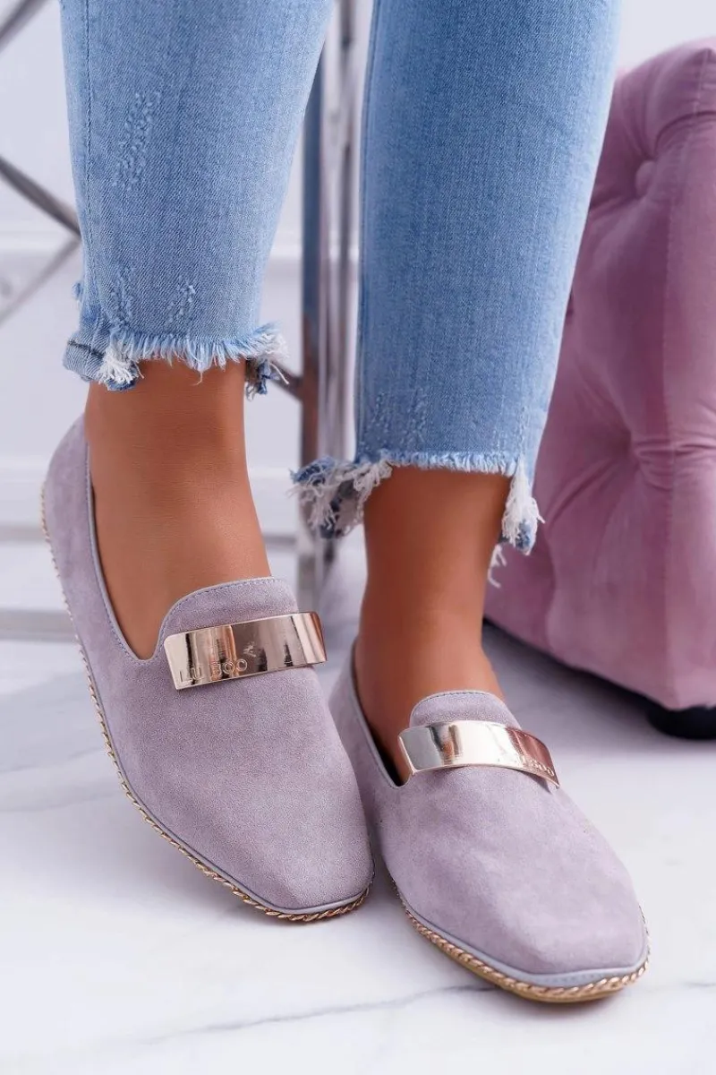 Clearance Mokasyny Damskie Lu Boo Szare Złoty Łańcuch Panama Damskie Mokasyny Damskie Zamszowe