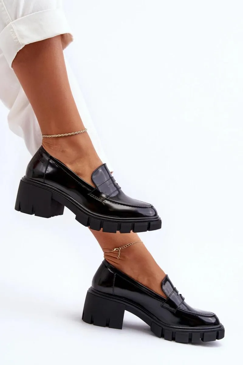 Mokasyny Damskie Lakierowane|Czółenka Na Platformie>Big Star Shoes Mokasyny Damskie Na Masywnym Obcasie Big Star NN274055 Czarne