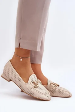 Outlet Boto Mokasyny Damskie Na Płaskim Obcasie Z Ozdobą Beżowe Iluvana Beżowy