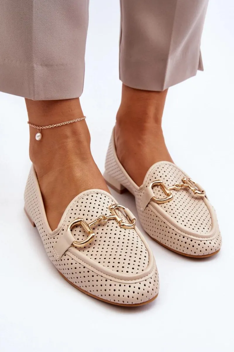 Outlet Boto Mokasyny Damskie Na Płaskim Obcasie Z Ozdobą Beżowe Iluvana Beżowy