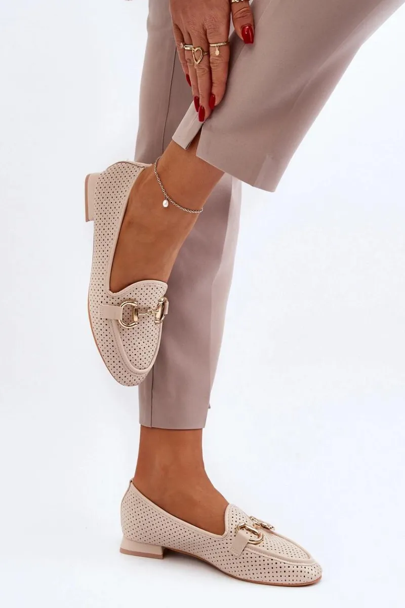 Outlet Boto Mokasyny Damskie Na Płaskim Obcasie Z Ozdobą Beżowe Iluvana Beżowy