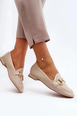 Outlet Boto Mokasyny Damskie Na Płaskim Obcasie Z Ozdobą Beżowe Iluvana Beżowy