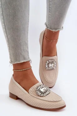 Loafersy Damskie|Mokasyny Płaskie>Damskie buty S.Barski Mokasyny Damskie Na Płaskim Obcasie Z Broszką Beżowe D&A MR38-676