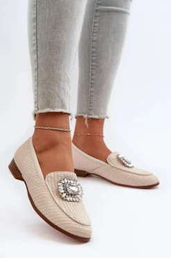 Loafersy Damskie|Mokasyny Płaskie></noscript>Damskie buty S.Barski Mokasyny Damskie Na Płaskim Obcasie Z Broszką Beżowe D&A MR38-676