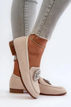 Loafersy Damskie|Mokasyny Płaskie></noscript>Damskie buty S.Barski Mokasyny Damskie Na Płaskim Obcasie Z Broszką Beżowe D&A MR38-676