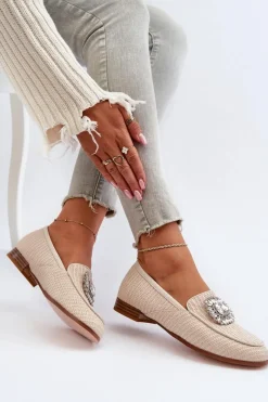 Loafersy Damskie|Mokasyny Płaskie></noscript>Damskie buty S.Barski Mokasyny Damskie Na Płaskim Obcasie Z Broszką Beżowe D&A MR38-676