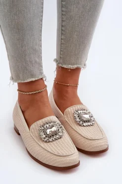 Loafersy Damskie|Mokasyny Płaskie></noscript>Damskie buty S.Barski Mokasyny Damskie Na Płaskim Obcasie Z Broszką Beżowe D&A MR38-676