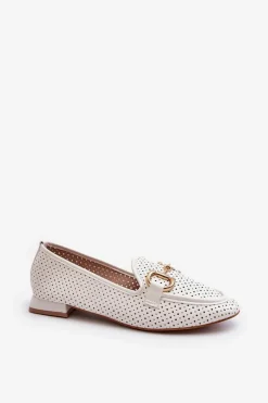 Sale Mokasyny Damskie Na Płaskim Obcasie Z Ozdobą Białe Iluvana Damskie Mokasyny Damskie Skórzane