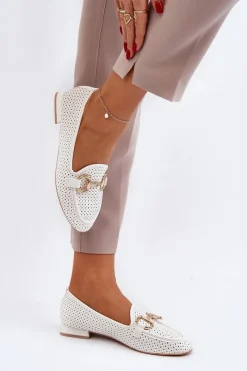 Sale Mokasyny Damskie Na Płaskim Obcasie Z Ozdobą Białe Iluvana Damskie Mokasyny Damskie Skórzane