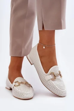 Sale Mokasyny Damskie Na Płaskim Obcasie Z Ozdobą Białe Iluvana Damskie Mokasyny Damskie Skórzane