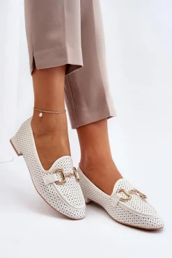Sale Mokasyny Damskie Na Płaskim Obcasie Z Ozdobą Białe Iluvana Damskie Mokasyny Damskie Skórzane