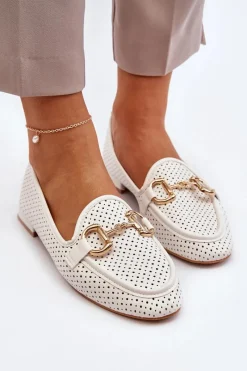 Sale Mokasyny Damskie Na Płaskim Obcasie Z Ozdobą Białe Iluvana Damskie Mokasyny Damskie Skórzane