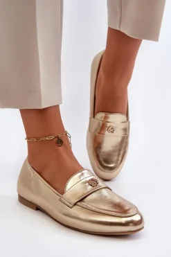 Discount Evento Mokasyny Damskie Na Płaskim Obcasie Złote Sylvaine Złoty