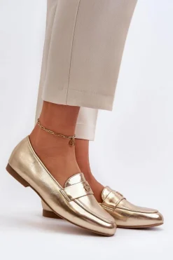 Discount Evento Mokasyny Damskie Na Płaskim Obcasie Złote Sylvaine Złoty