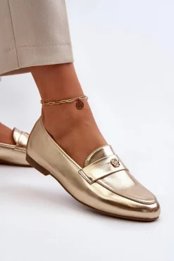 Discount Evento Mokasyny Damskie Na Płaskim Obcasie Złote Sylvaine Złoty