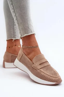 Boto Mokasyny Damskie Na Platformie Eko Zamszowe Beżowe Inesqua