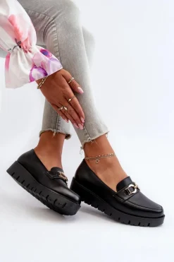 Hot Evento Mokasyny Damskie Na Platformie Z Ozdobą Czarne Kaldina