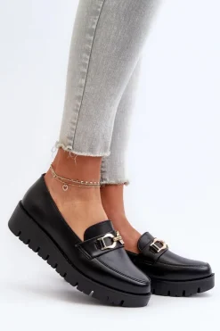 Hot Evento Mokasyny Damskie Na Platformie Z Ozdobą Czarne Kaldina