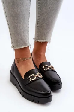 Hot Evento Mokasyny Damskie Na Platformie Z Ozdobą Czarne Kaldina