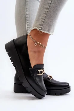 Hot Evento Mokasyny Damskie Na Platformie Z Ozdobą Czarne Kaldina