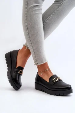 Hot Evento Mokasyny Damskie Na Platformie Z Ozdobą Czarne Kaldina