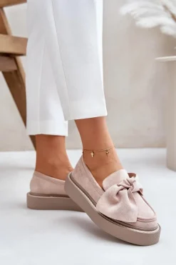 Best Mokasyny Damskie Na Platformie Z Kokardą Pudrowy Róż Naivine Damskie Loafersy Damskie|Mokasyny Na Platformie