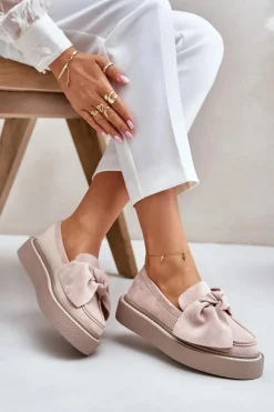 Best Mokasyny Damskie Na Platformie Z Kokardą Pudrowy Róż Naivine Damskie Loafersy Damskie|Mokasyny Na Platformie