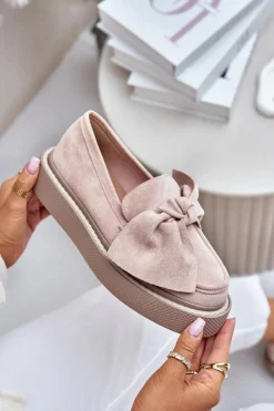 Best Mokasyny Damskie Na Platformie Z Kokardą Pudrowy Róż Naivine Damskie Loafersy Damskie|Mokasyny Na Platformie