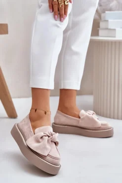 Best Mokasyny Damskie Na Platformie Z Kokardą Pudrowy Róż Naivine Damskie Loafersy Damskie|Mokasyny Na Platformie