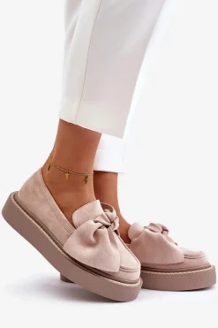 Best Mokasyny Damskie Na Platformie Z Kokardą Pudrowy Róż Naivine Damskie Loafersy Damskie|Mokasyny Na Platformie