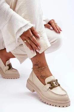 Sale Mokasyny Damskie Na Platformie Z Ozdobą Beżowe Ameg Damskie Mokasyny Damskie Skórzane|Mokasyny Na Platformie