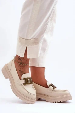 Sale Mokasyny Damskie Na Platformie Z Ozdobą Beżowe Ameg Damskie Mokasyny Damskie Skórzane|Mokasyny Na Platformie