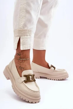 Sale Mokasyny Damskie Na Platformie Z Ozdobą Beżowe Ameg Damskie Mokasyny Damskie Skórzane|Mokasyny Na Platformie