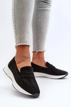 Outlet Mokasyny Damskie Na Platformie Eko Zamszowe Czarne Inesqua Damskie Loafersy Damskie|Mokasyny Na Platformie