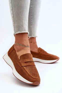 Outlet Mokasyny Damskie Na Platformie Eko Zamszowe Camel Inesqua Damskie Loafersy Damskie|Mokasyny Na Platformie