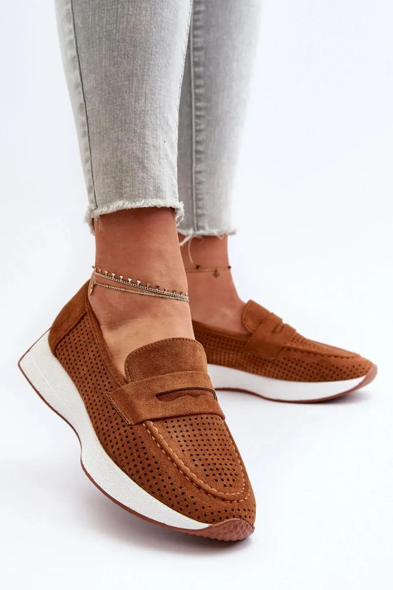 Outlet Mokasyny Damskie Na Platformie Eko Zamszowe Camel Inesqua Damskie Loafersy Damskie|Mokasyny Na Platformie
