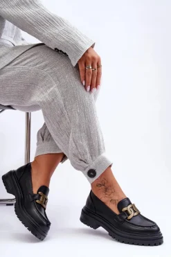 Discount Mokasyny Damskie Na Platformie Z Ozdobą Czarne Ameg Damskie Mokasyny Damskie Skórzane|Mokasyny Na Platformie