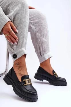 Discount Mokasyny Damskie Na Platformie Z Ozdobą Czarne Ameg Damskie Mokasyny Damskie Skórzane|Mokasyny Na Platformie