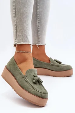 Mokasyny Damskie Na Platformie Z Frędzlami Zielone Mialani Damskie Mokasyny Na Platformie|Mokasyny Damskie Zamszowe