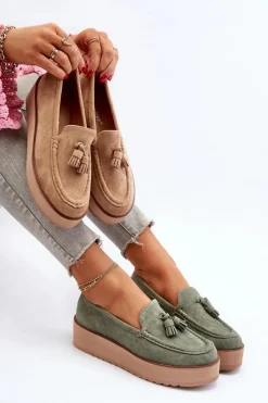 Mokasyny Damskie Na Platformie Z Frędzlami Zielone Mialani Damskie Mokasyny Na Platformie|Mokasyny Damskie Zamszowe