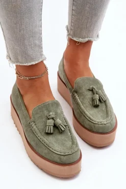 Mokasyny Damskie Na Platformie Z Frędzlami Zielone Mialani Damskie Mokasyny Na Platformie|Mokasyny Damskie Zamszowe